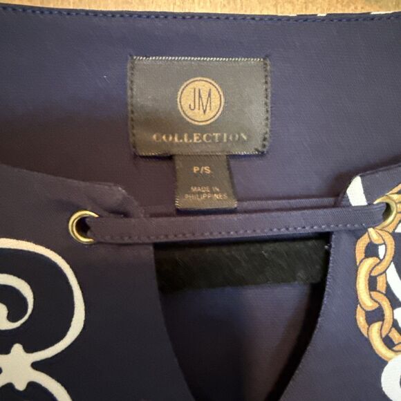 JM Collection Women's Size Petite Keyhole 3/4 Bell Sleeve Top Navy/white/gold - Picture 2 of 8